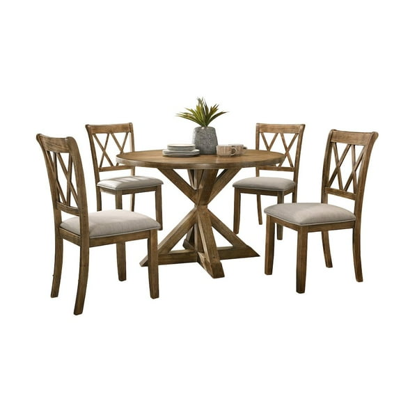 Roundhill Furniture Windvale 5-Piece Dining Set, Cross-Buck Round Table with 4 Stylish Chairs, Oak