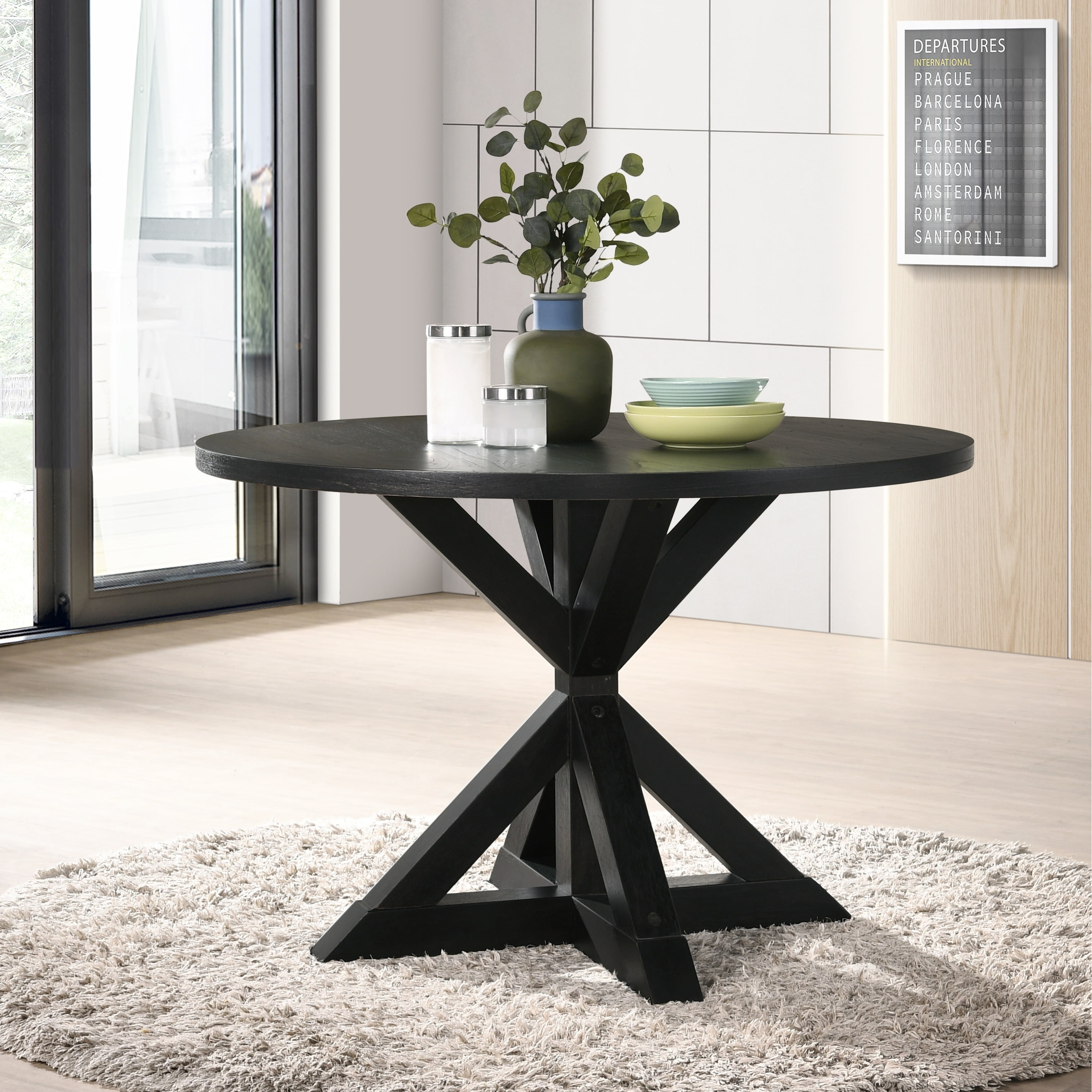 Roundhill Furniture Windvale CrossBuck Base Dining Table Black