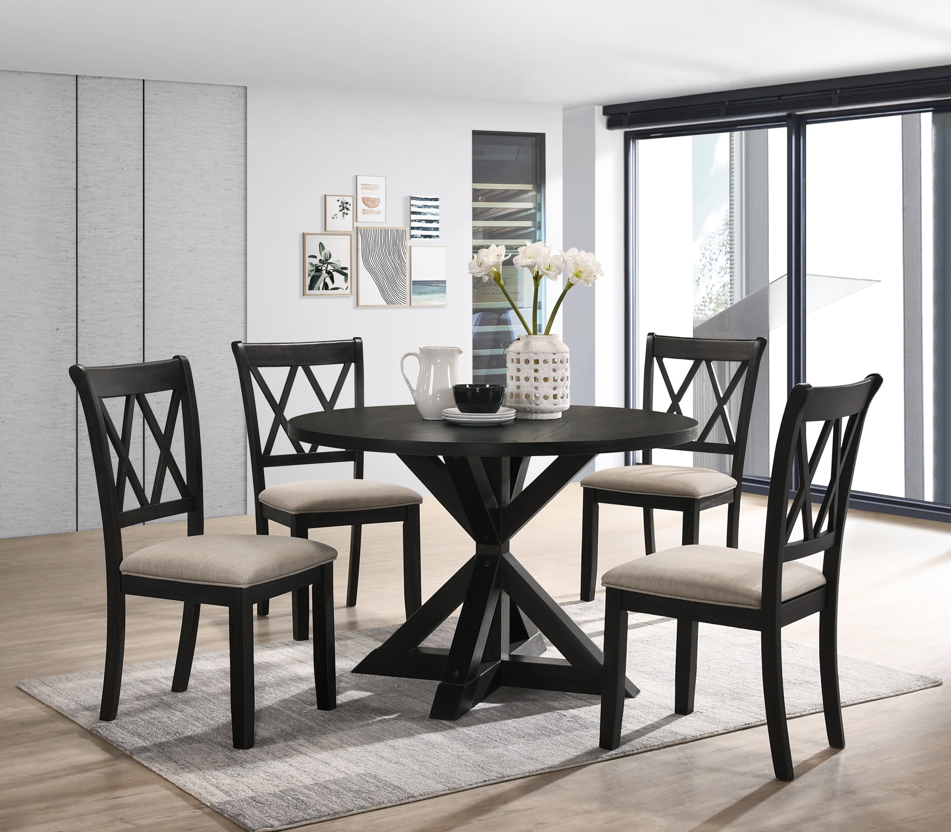 Windvale Black Cross-Buck Wood 5-Piece Dining Set with Upholstered Chairs
