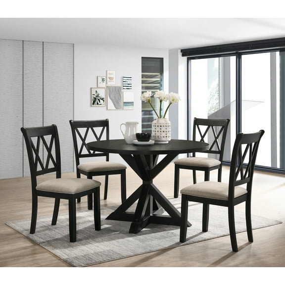 Roundhill Furniture Windvale Cross-Buck Wood 5-Piece Dining Set in Black