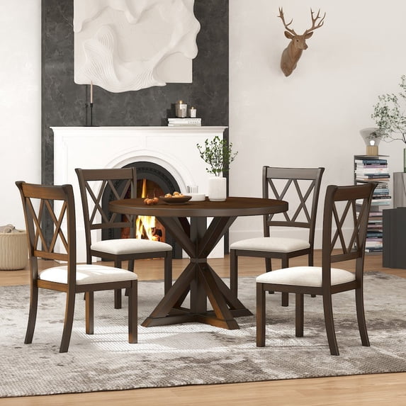 Roundhill Furniture Windvale 5-Piece Dining Set, Cross-Buck Round Table with 4 Stylish Chairs, Espresso