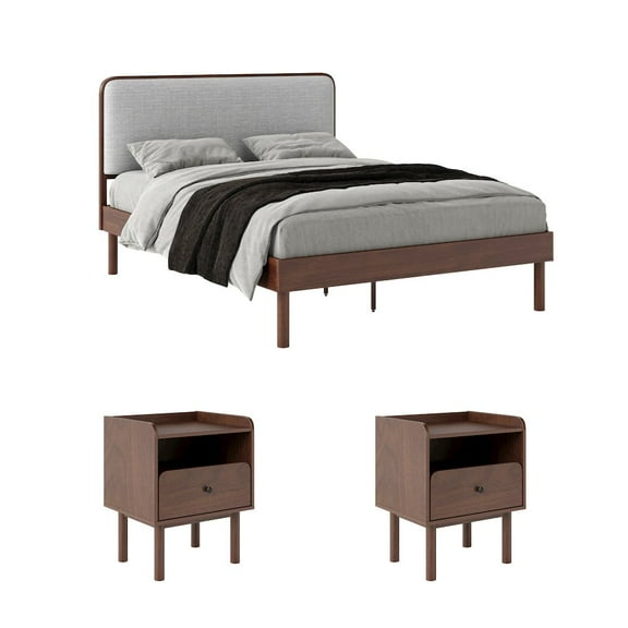 Roundhill Furniture Wyller 3-Pc Bedroom Set, Platform Bed with 2 Nightstands, Natural Walnut, Queen