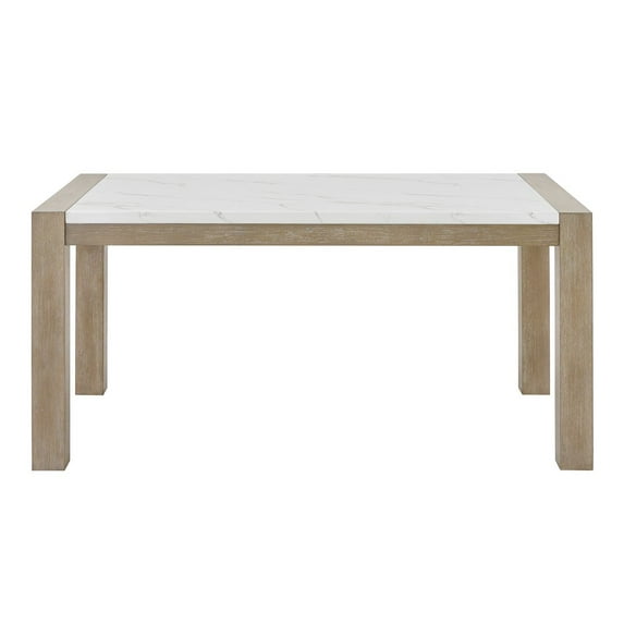 Roundhill Furniture Zelalle Dining Table, Faux Marble Paper Top and White Wired-Brushed Finish
