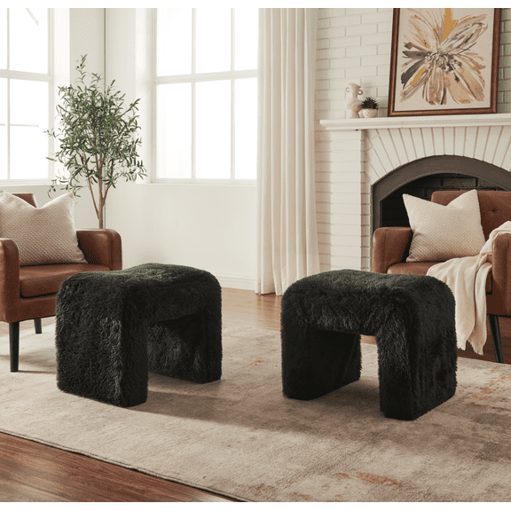 Roundhill Furniture Zorya Contemporary Faux Fur U-Shaped Ottoman, Set of 2, Black