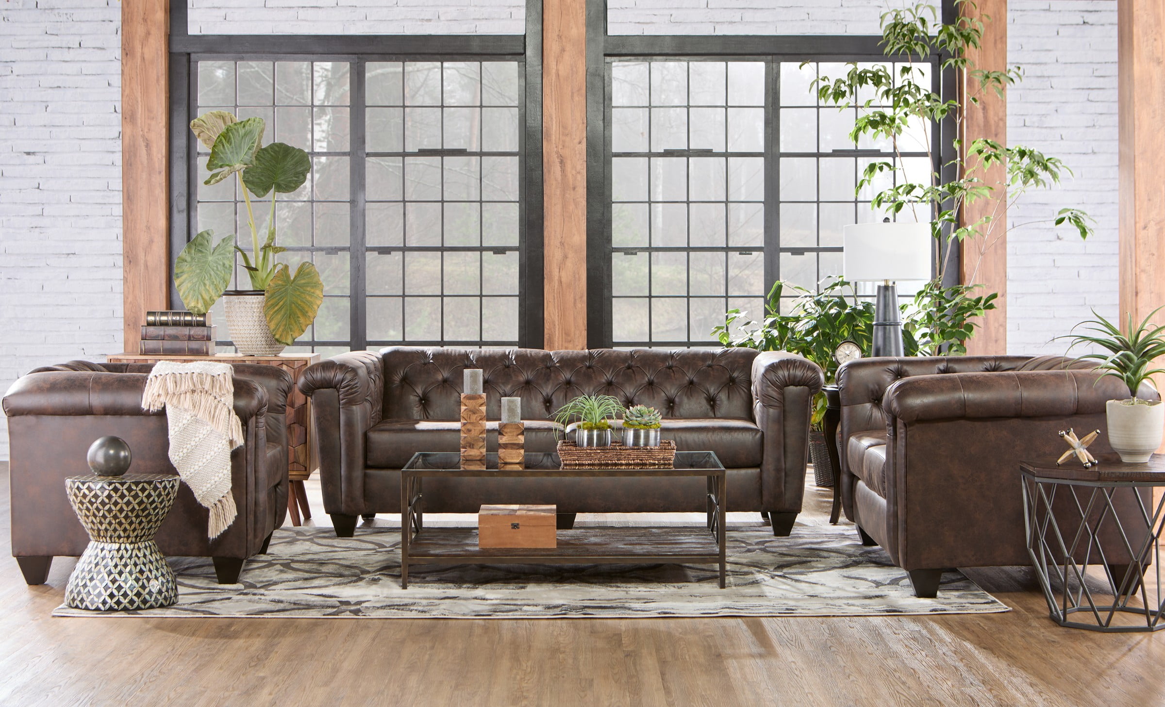 Roundhill Horton Faux Leather Chesterfield 3-Piece Living Room Set, Sofa Loveseat and Chair, Ridgeline Brownie