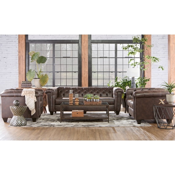 Roundhill Horton Faux Leather Chesterfield 3-Piece Living Room Set, Sofa Loveseat and Chair, Ridgeline Brownie