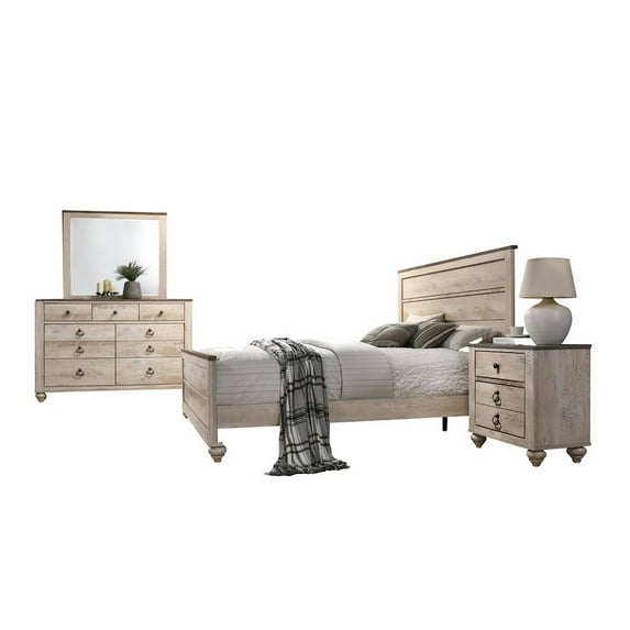 Roundhill Furniture White Wash Finish 4-Piece Bedroom Set-King Bed, Dresser, Mirror and Nightstand