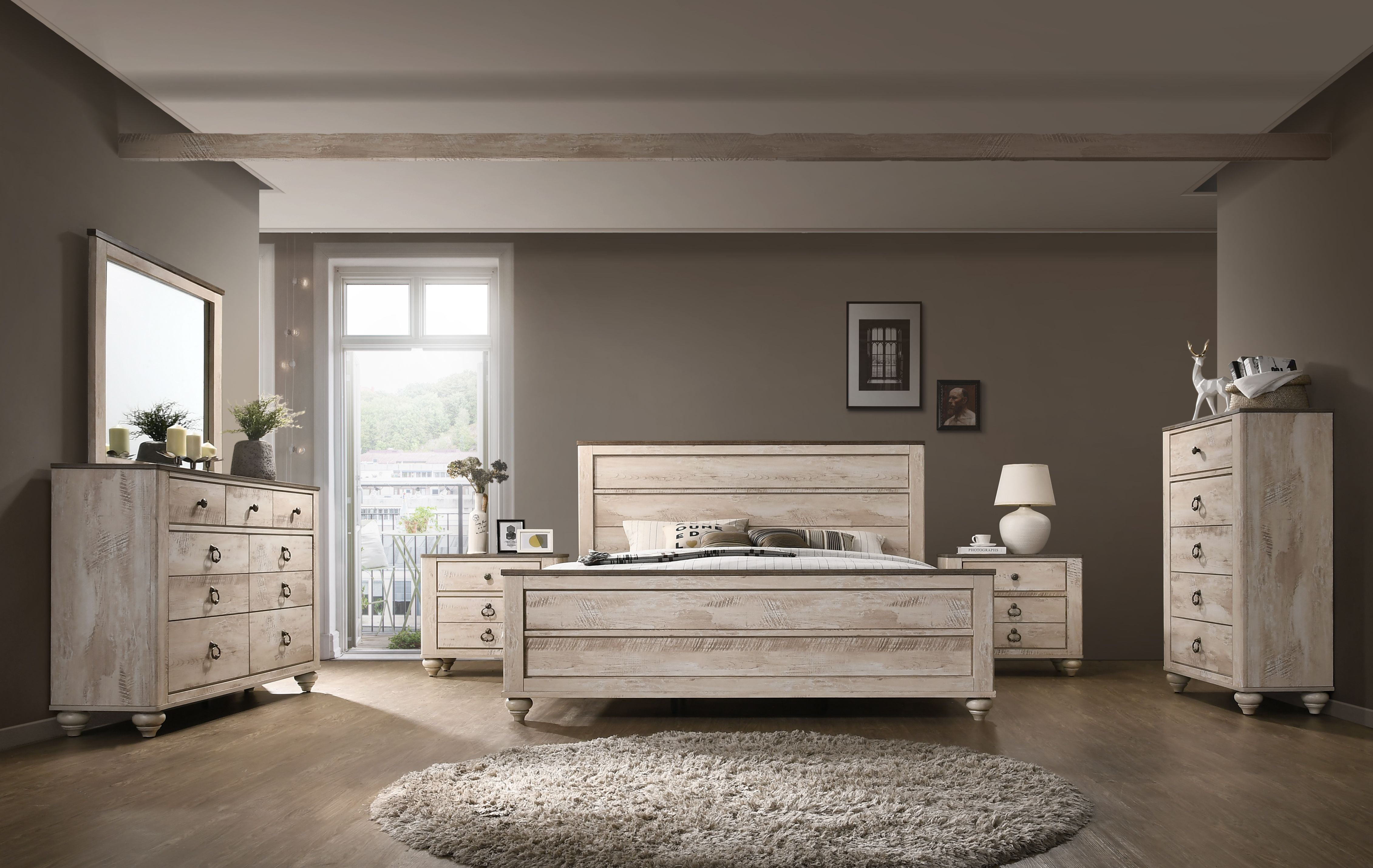 Imerland White Wash Finish 6-Piece Bedroom Set with Bronze Accents