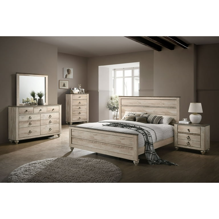 Roundhill Imerland Contemporary White Wash Finish Bedroom Set Queen Bed Dresser Mirror Nightstand Chest