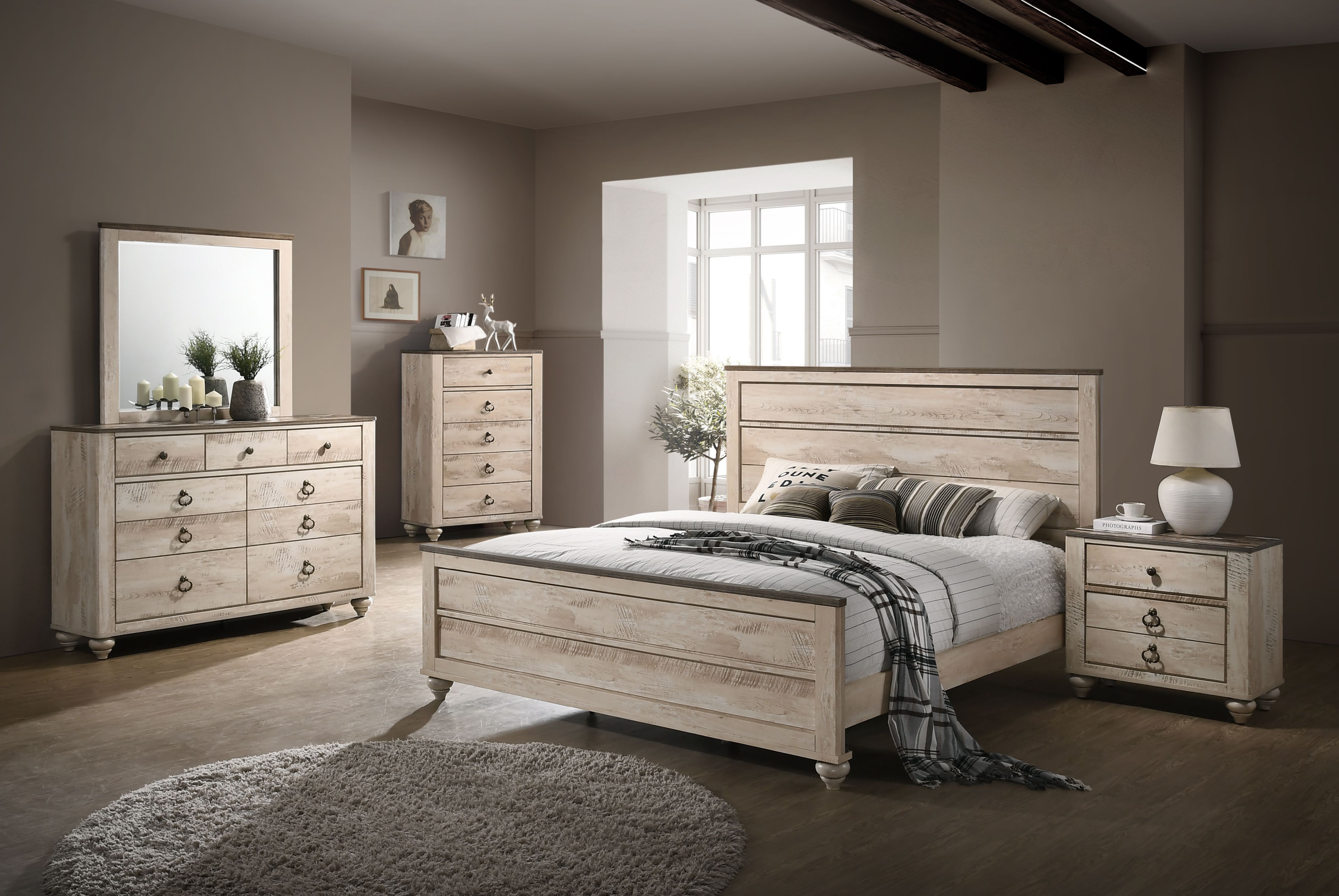 Roundhill Imerland Contemporary White Wash Finish Bedroom Set Queen Roundhill Imerland Contemporary White Wash Finish Bedroom Set Queen
