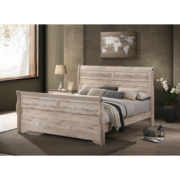 Roundhill Imerland Contemporary White Wash Finish Sleigh Bed, Queen