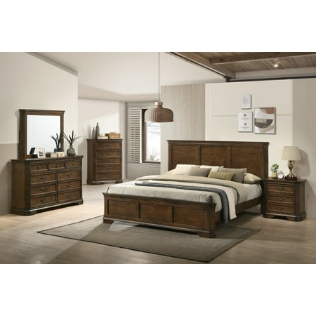 Roundhill Maderne Traditional Antique Walnut Finish 5-Piece Bedroom Set, Panel Queen Bed