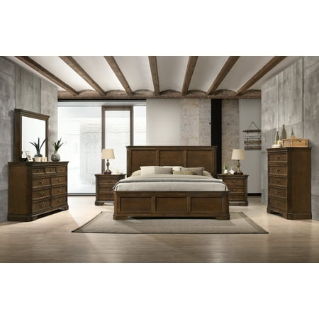 Roundhill Maderne Traditional Antique Walnut Finish 6-Piece Bedroom Set, Panel Queen Bed