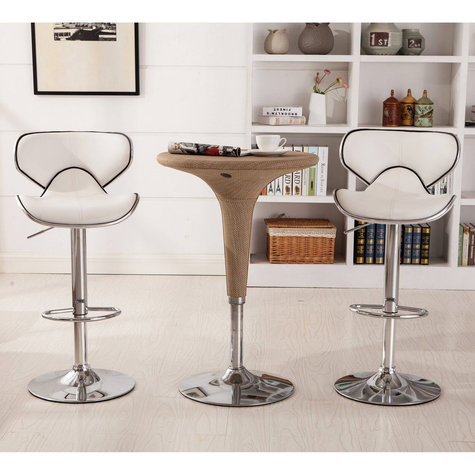 White Faux Leather Adjustable Swivel Bar Stools with Chrome Base