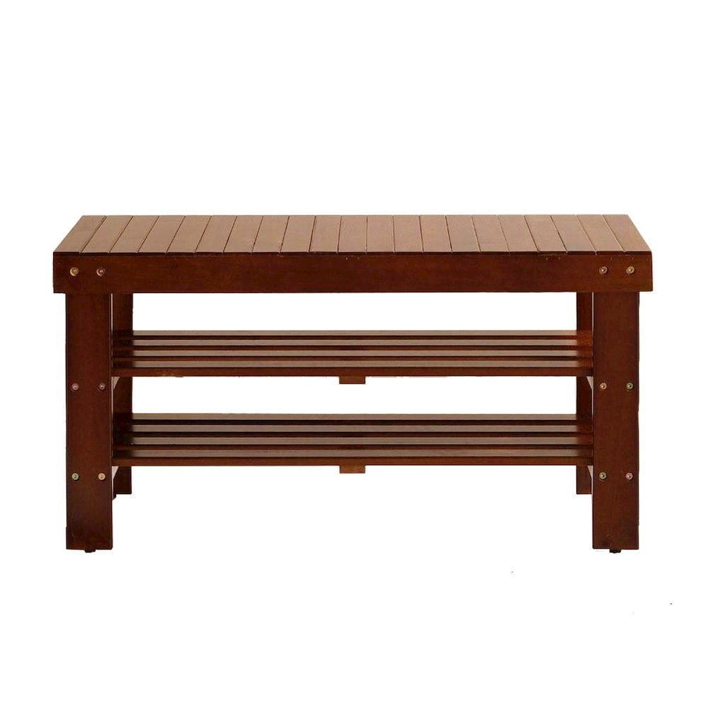 Cherry Finish Solid Wood Entryway Storage Shoe Bench