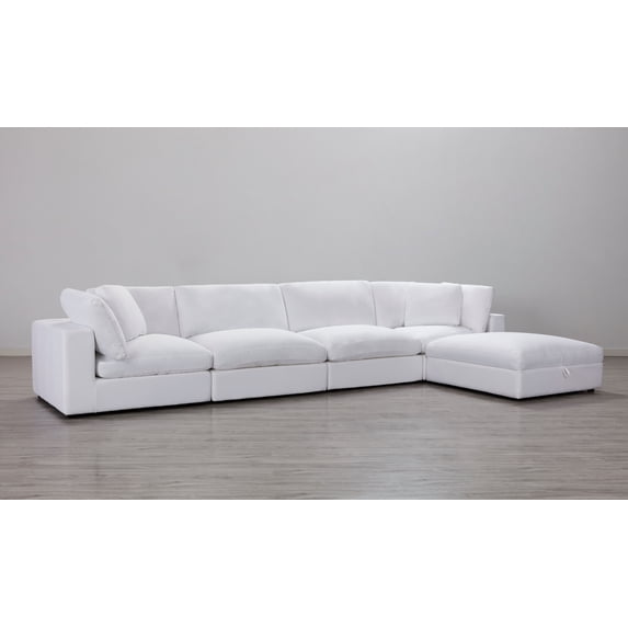 Roundhill Rivas Contemporary Feather Fill 5-Piece Sectional Sofa with Ottoman, Fabric, White