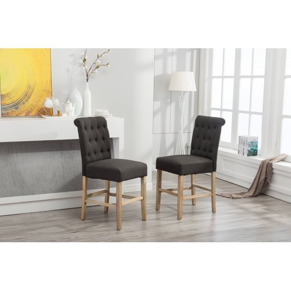 Roundhill Siena Counter Height Button Tufted Back Solid Wood Stools, Set of 2, Charcoal