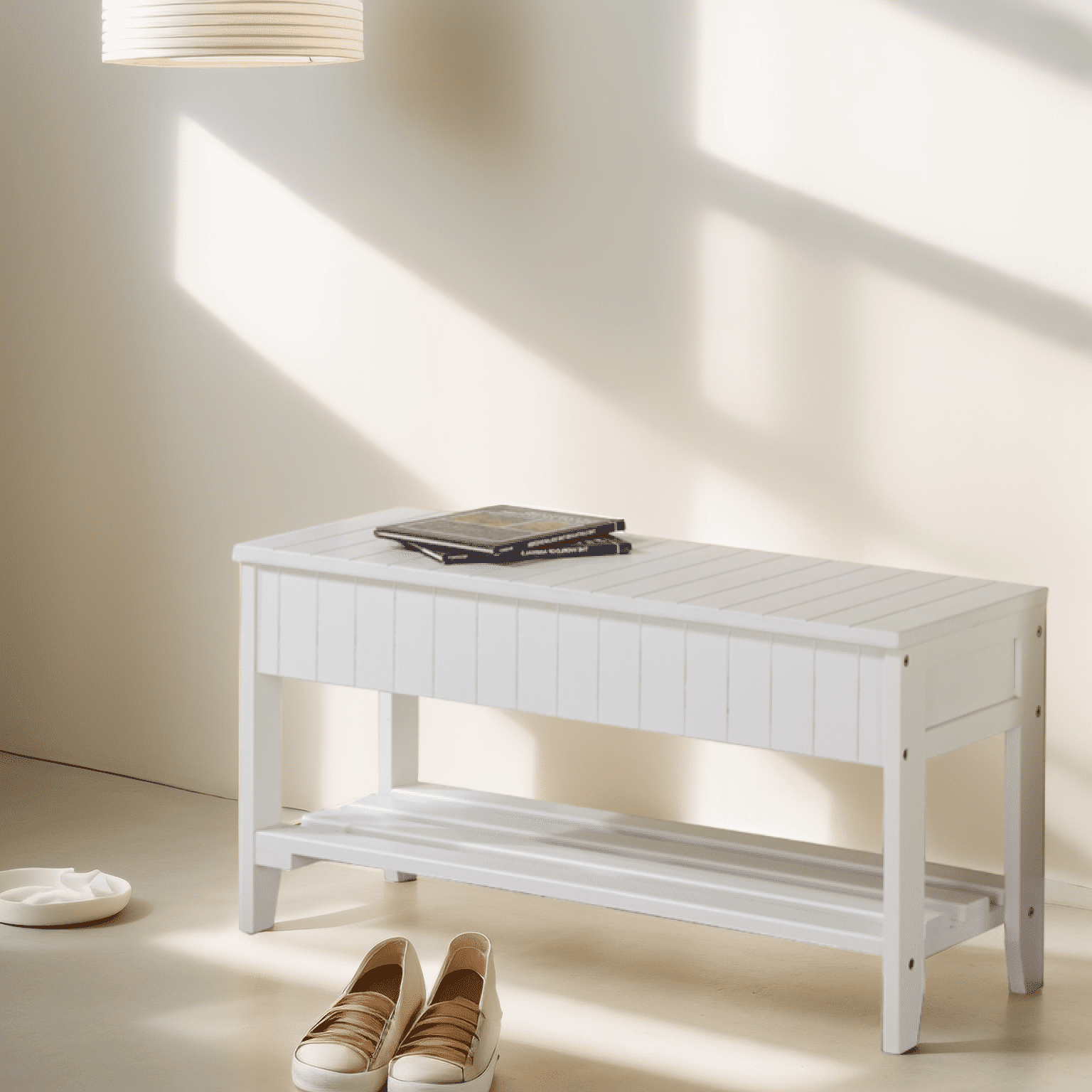 Roundhill Wooden Seat Solid Wood Storage Shoe Bench in White Finish