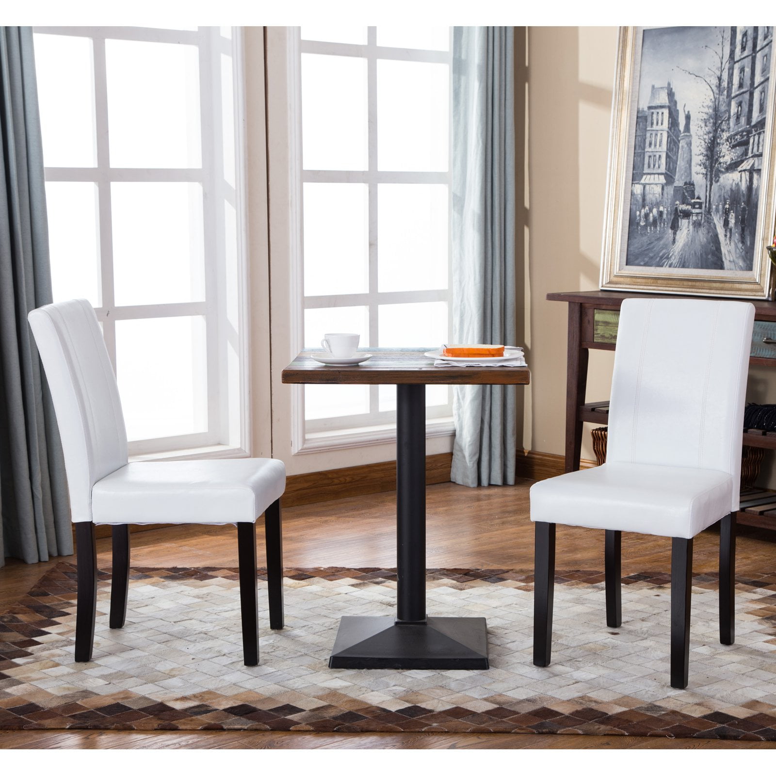 White Faux Leather Upholstered Parsons Side Chair Set with Wood Legs