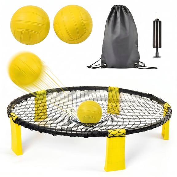 Roundnet Game Set, Portable Beach Ball Game with 2 Balls & Carry Bag, Outdoor 2 vs 2 Roundnet Net Game for Backyard Lawn Park Camping Family Fun