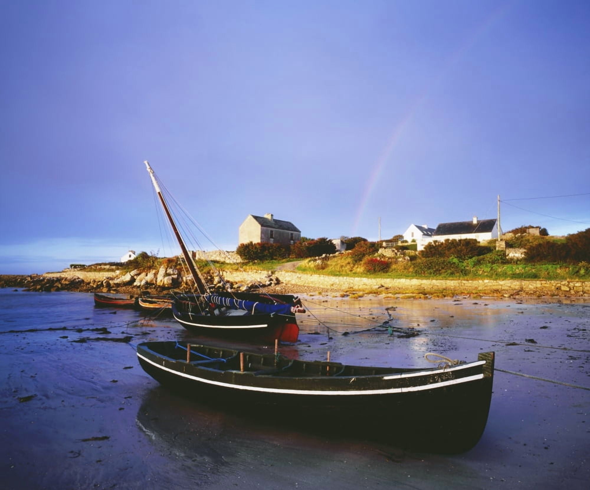 Roundstone Connemara County Galway Ireland Boats In Harbour With Rainbow Canvas Art - The Irish Image Collection Design Pics (32 x 26)