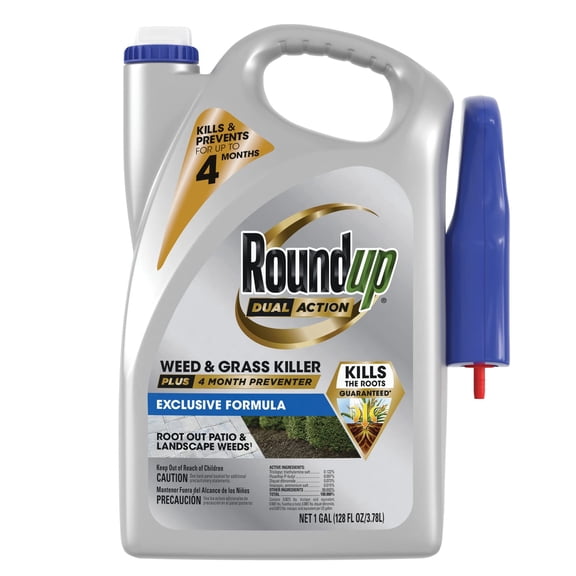 Roundup Dual Action Weed and Grass Killer Plus 4 Month Preventer, for Patios Landscapes, Kills Down to The Root, Rainproof in As Fast 30 Minutes, 1 gal.