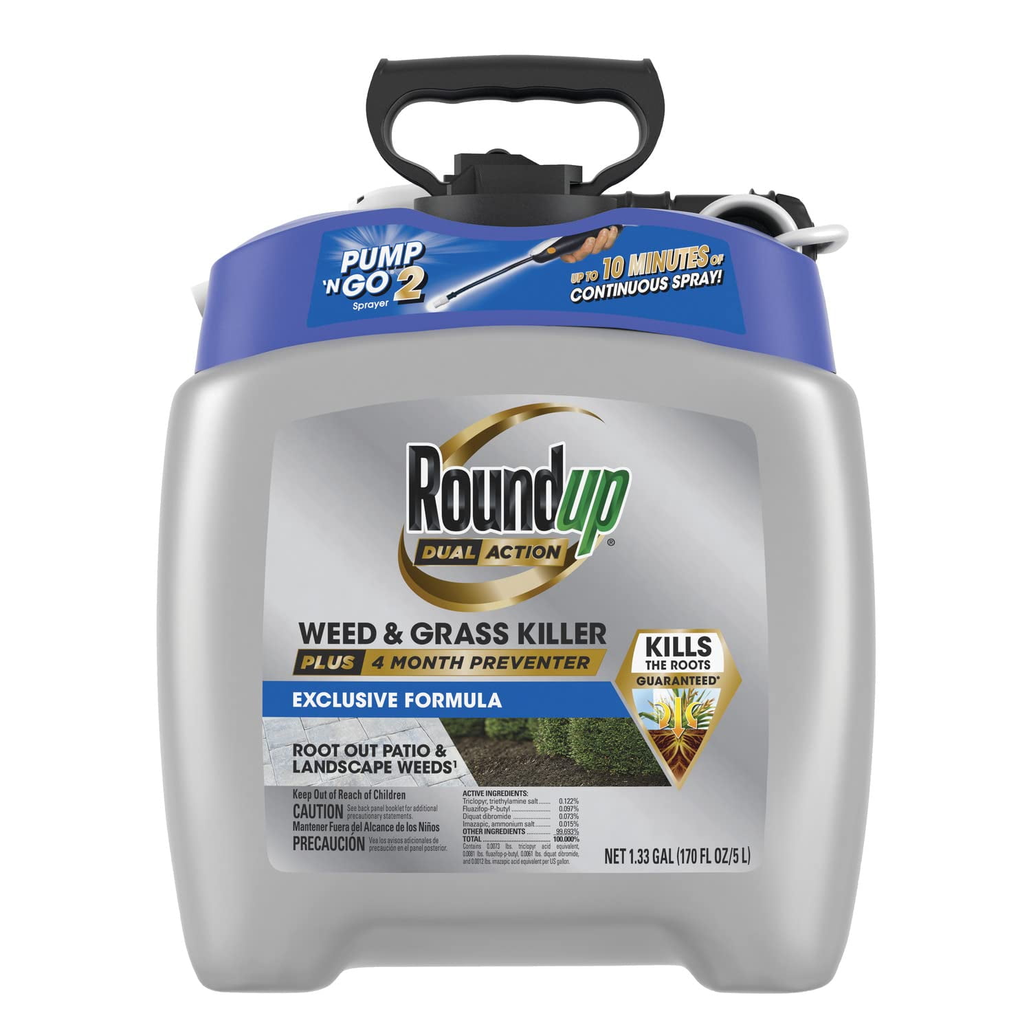 Roundup 1 gal. Dual Action Weed & Grass Killer Plus, 4 Month Preventer with Spray Wand, Pump 
