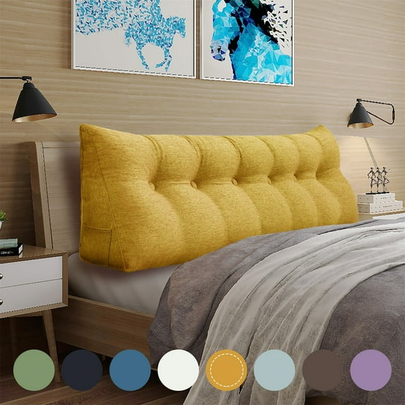 Rounuo Wedge Headboard Pillow Triangular Reading Pillow Linen Large Bolster Backrest Support Lumbar Cushion Yellow