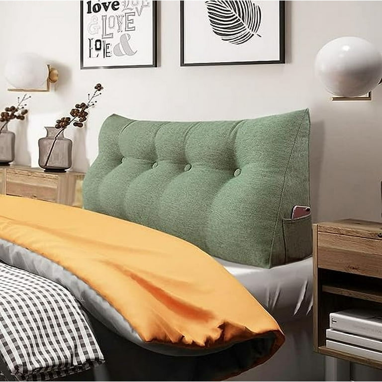 Rounuo Bed Wedge Pillow for Headboard, Full Triangular Reading Pillow Linen  Large Bolster Backrest Support Upholstered Lumbar Cushion Green 54x20