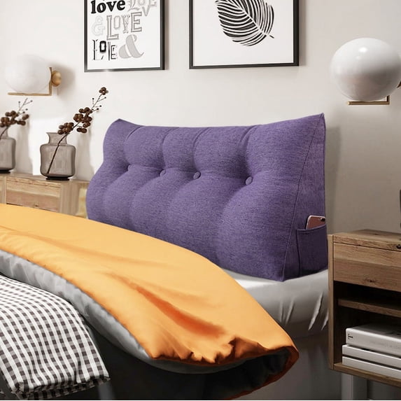 Rounuo Bed Wedge Pillow for Headboard, Full Triangular Reading Pillow Linen Large Bolster Backrest Support Upholstered Lumbar Cushion Purple 54"x20"