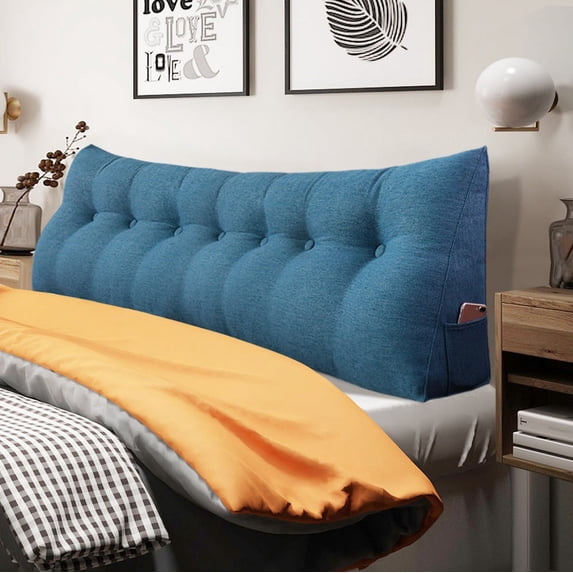 Rounuo Bed Wedge Pillow for Headboard, King Triangular Reading Pillow Linen Large Bolster Backrest Support Upholstered Lumbar Cushion Blue 76"x20"
