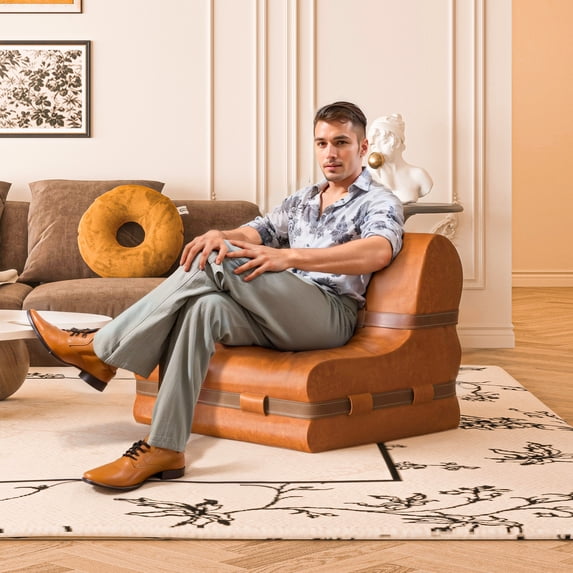 Rounuo Retro Bean Bag Chair with Western Cowboy Belt, Accent Chair Floor Sofa Mid Century Chaise Lounge Chair Floor Couch for Adults Modern Couch for Living Room Indoor Spaces, Micro Fabric