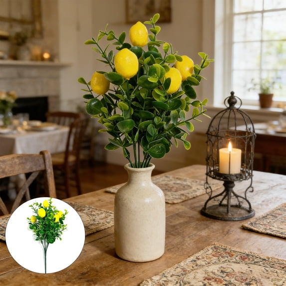 Rourlinge 1 Bunch Artificial Lemons Branches Faux Lemons Fruit with Stem Fake Lemon Decoration for Kitchen Farmhouse Decor (Yellow)