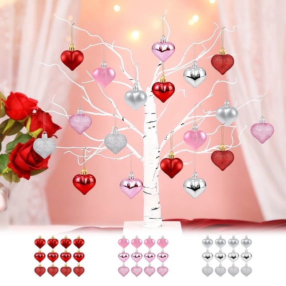 Rourlinge 12 Heart Shaped Christmas Baubles Ornaments Set Glossy Matte Glitter Finish Plastic Hanging Decorations for Valentine's Day Wedding Anniversary Party Tree
