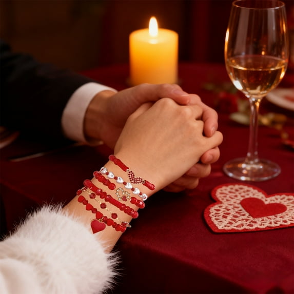 Rourlinge 5pc Valentines DayBracelets Trendy Clay Bead Bracelets Stack Gold Beaded Stretch Bracelets for Women Boho Stackable Bracelets Bulk Beaded Heart Red Bracelet