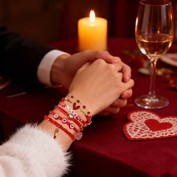 Rourlinge 5pc Valentines DayBracelets Trendy Clay Bead Bracelets Stack Gold Beaded Stretch Bracelets for Women Boho Stackable Bracelets Bulk Beaded Heart Red Bracelet