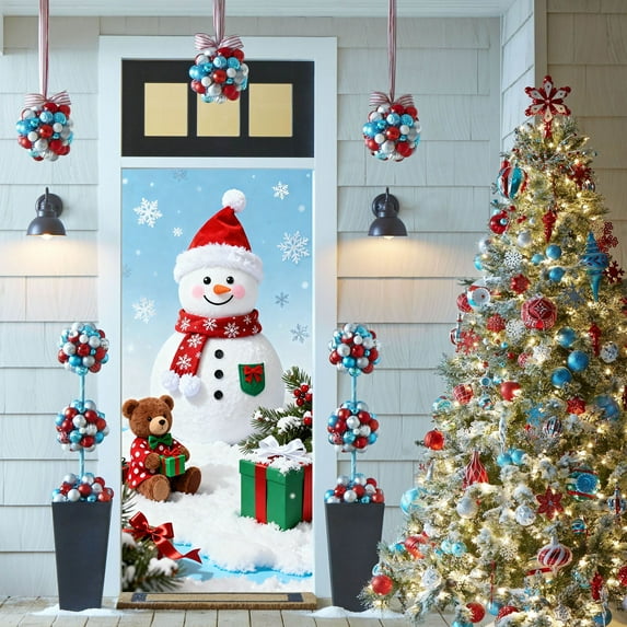 Rourlinge Christmas Door Cover Holiday Decorative Curtain for Front Door Wall Hanging Party Festival Decor Indoor Outdoor Home Xmas Decoration Large Seasonal Drape