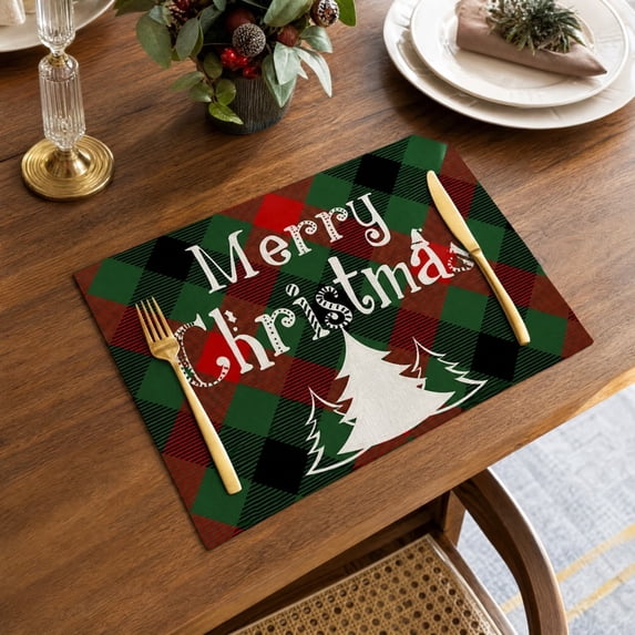 Rourlinge Christmas Plaid Placemats Heat Resistant Merry Christmas Printed Table Mats Washable Holiday Dining Room Table Decorations for Party Table Setting Supplies