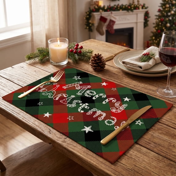 Rourlinge Christmas Plaid Placemats Heat Resistant Merry Christmas Printed Table Mats Washable Holiday Dining Room Table Decorations for Party Table Setting Supplies