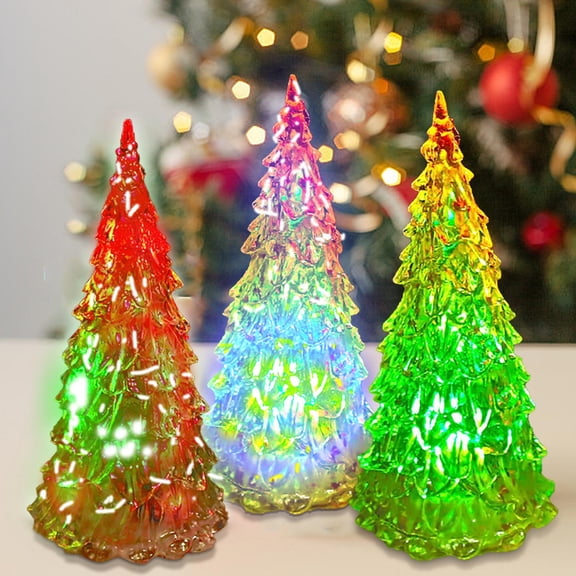 Rourlinge Colorful LED Acrylic Christmas Tree Night Light, Glowing Glass Decor for Holiday Table Shelf, Festival Decoration with Sparkling Branches for Winter Home Party