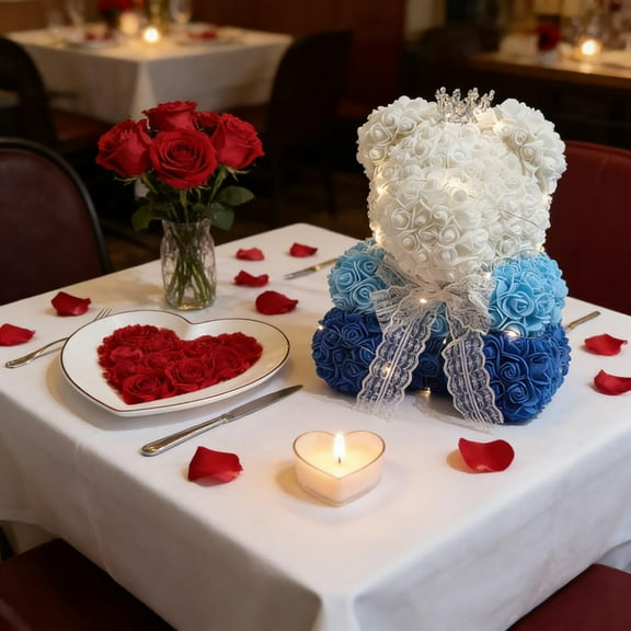 Rourlinge Cute Bear Rose Flower with Light | Women Gifts & Indoor Table Decorations for Christmas, Valentines, Mothers Day, Birthday, Anniversary | Handmade Gifts for Women Mom Wife Girlfriend