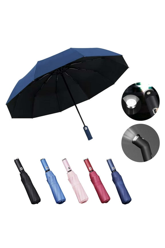 Fully Automatic Rotatable LED Flashlight Umbrella, 10-Rib Windproof Umbrella with 360° All-Round Protection, Auto Open Close Inverted Umbrella for Outdoor Travel Rainy Nights