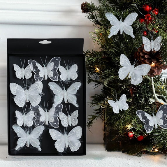 Rourlinge Glitter Butterfly Christmas Tree Ornaments Clip-On Hollow Pendant for Festive Holiday Decorations Party Home Scene Atmosphere 10PCS