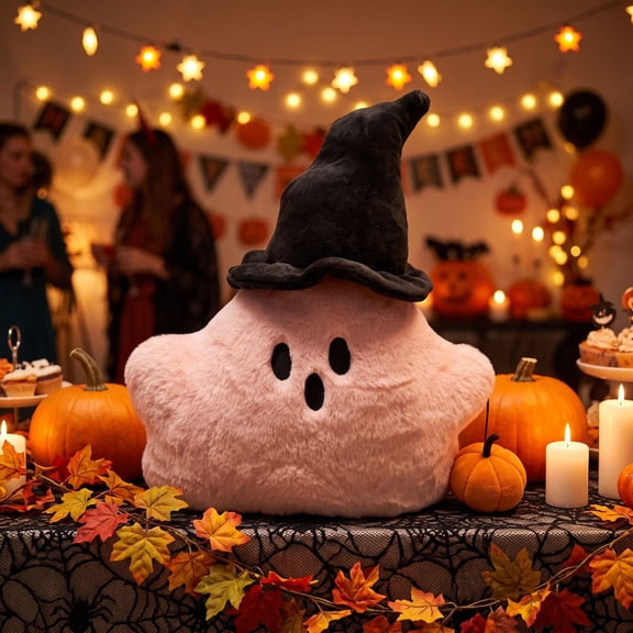 Rourlinge Halloween Ghost Shaped Throw Pillow, Faux Rabbit Fur Spooky Pillow with 3D Pumpkin, Decorative Cushion for Couch Sofa, Pink Party Display & Gift