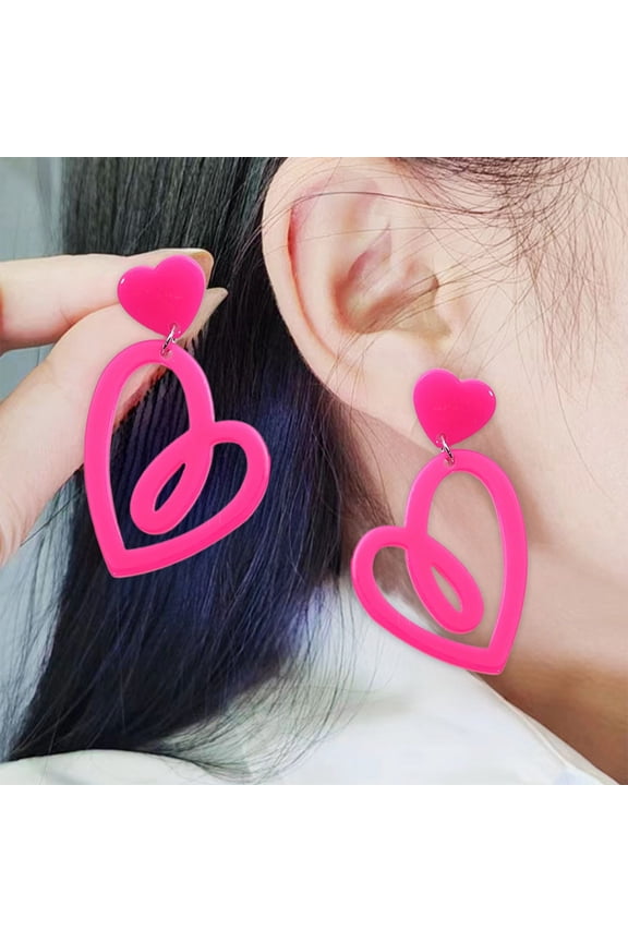 Heart Earrings Lightweight Acrylic Neon Earrings Double Heart Drop Earring Love Heart Dangle Earring Jewelry 80s90s Outfit Accessories for Women Wife Mom Girlfriend Valentines Birthday Gift