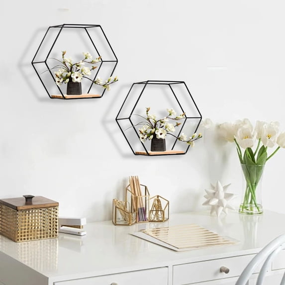 Rourlinge Hexagonal Floating Shelf Wall Mounted Modern Storage Rack Metal Wall Decor Shelving for Living Room Bedroom Office Organization