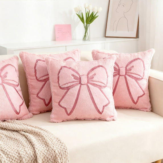 Rourlinge Pink Bow Coquette Pillow Covers Embroidered Pillow Cases 18x18 Set of 2 Pink Bow Decorations Embroidery Cushion Covers for Couch Sofa Bedroom Home Decor