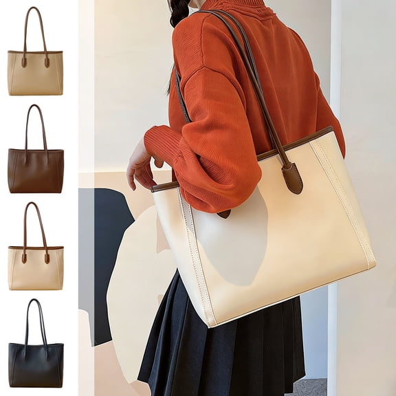 Rourlinge Women Leather Tote Bag Zippered Pocket Handbag Soft Shoulder Bag Fall Winter Daily Commute Work Casual Travel Versatile Carry-all