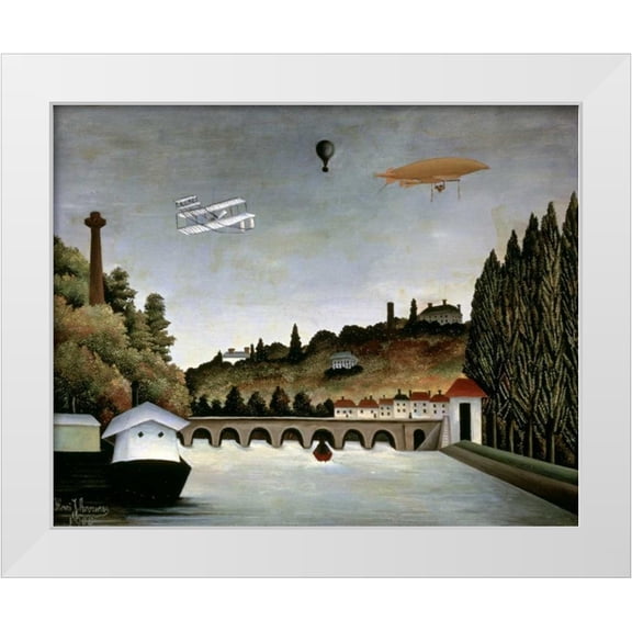 Rousseau, Henri 14x12 White Modern Wood Framed Museum Art Print Titled - Landscape With Zeppelin