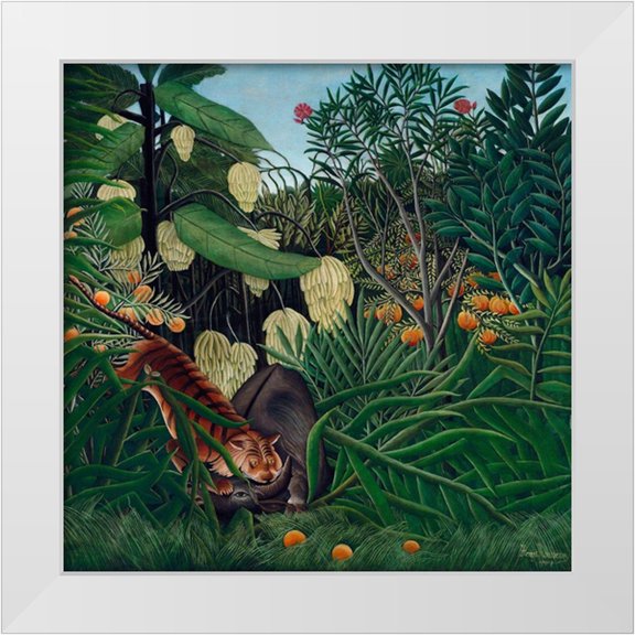 Rousseau, Henri 15x15 White Modern Wood Framed Museum Art Print Titled - Fight between a Tiger and a Buffalo 1908